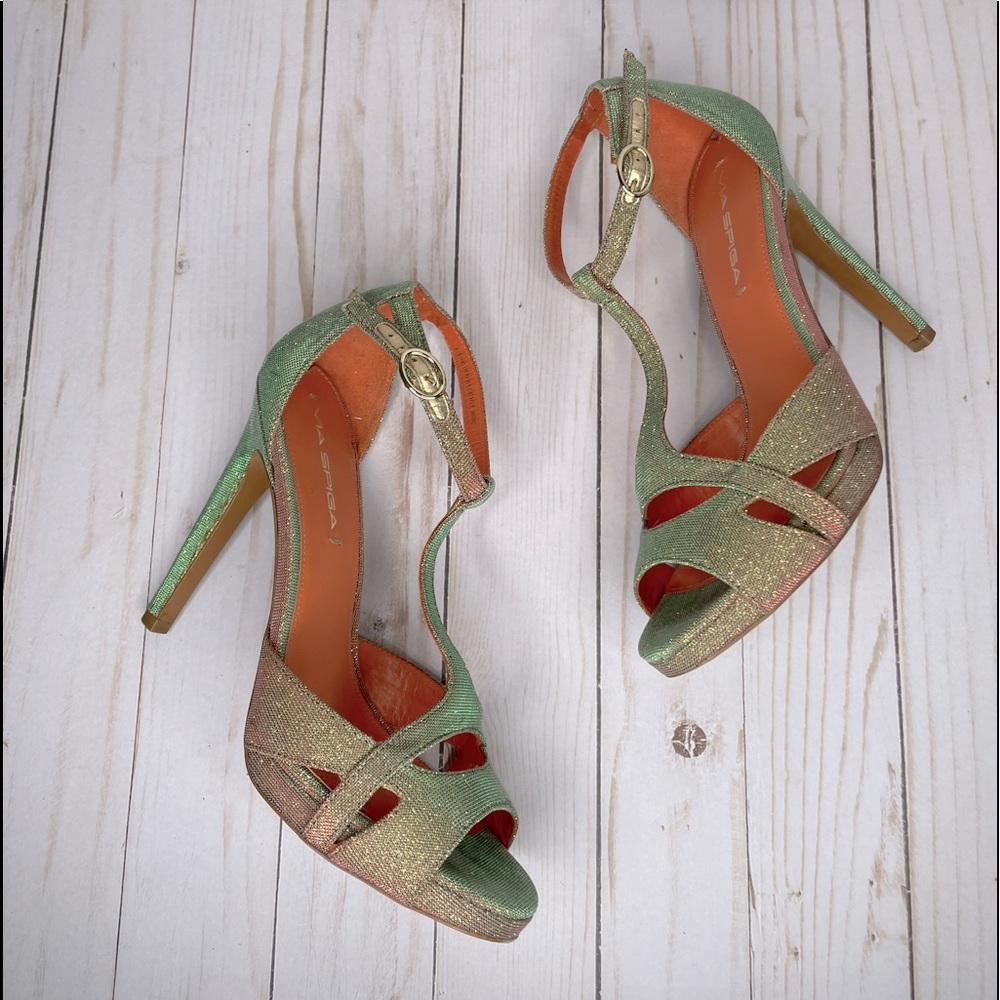Via Spiga Gold T-Strap Shimmer sparkly High Heel Sandals
